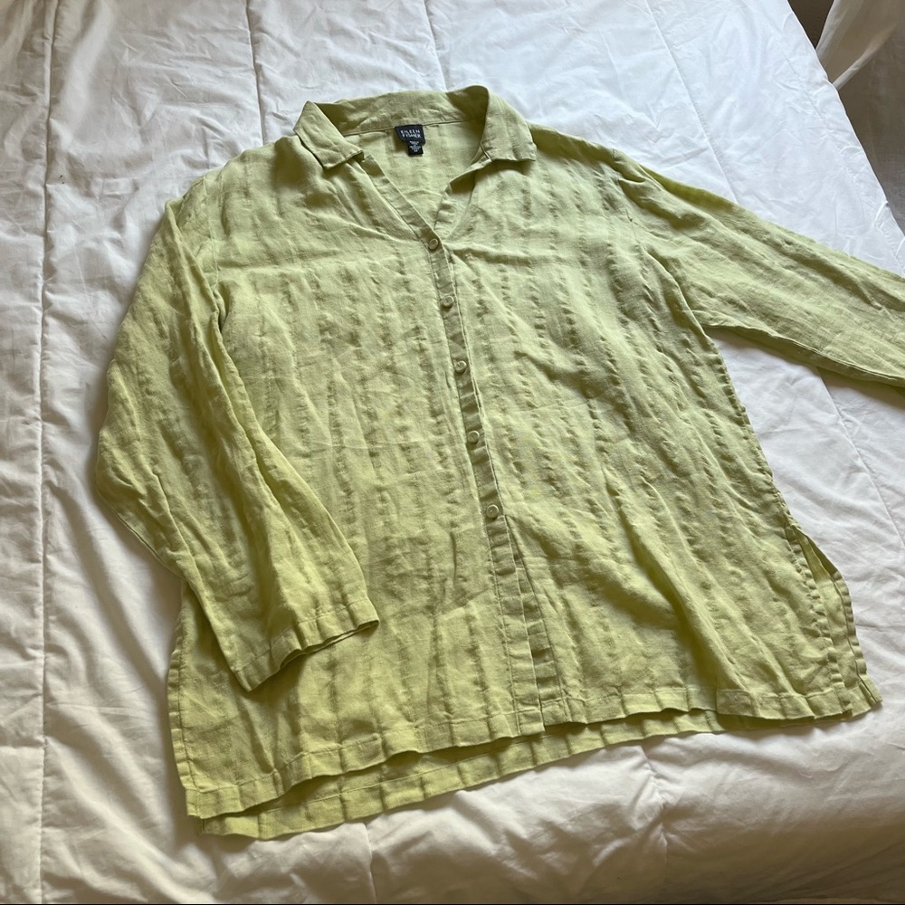 Eileen Fisher green Irish linen button up shirt